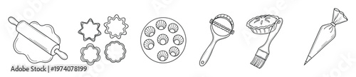 Collection of essential baking tools including rolling pin, cookie cutters, tart pan, pie crimper, pie with brush, and piping bag perfect for confectionery and dessert making guides