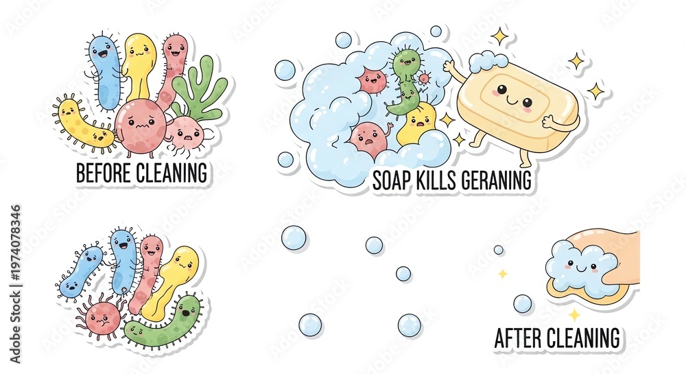Naklejka premium Adorable cartoon germs illustrate the power of soap in eliminating bacteria and promoting cleanliness. Educational infographic on hygiene and health awareness