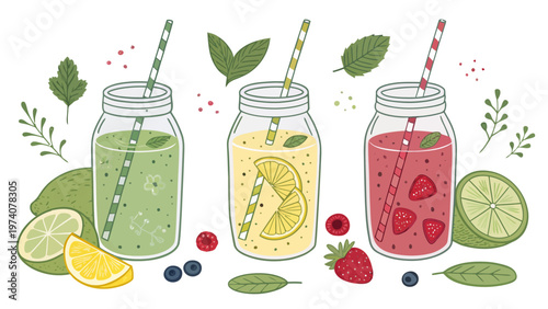 Set of organic detox drinks with green smoothies lemons and berries in mason jars on white background