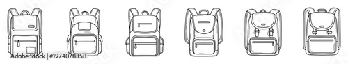Diverse linear style backpacks in a row showcasing different bag shapes and pocket configurations ideal for educational travel fashion and graphic design applications.