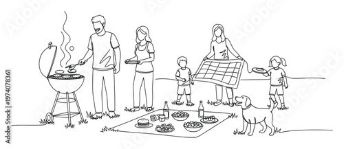 Family enjoying a delightful outdoor picnic and barbecue with grilling food, children playing, and a happy dog, perfect for illustrating summer activities, family gatherings, and outdoor