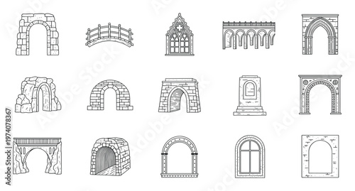 Architectural outline set featuring various stone and brick arches bridges and historic windows perfect graphic resource for design projects building studies and educational materials