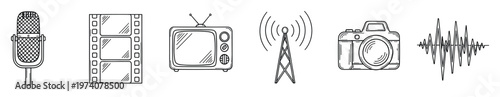 Collection of media and broadcasting symbols featuring microphone film strip television antenna camera and sound wave perfect for digital content creation and vintage design projects
