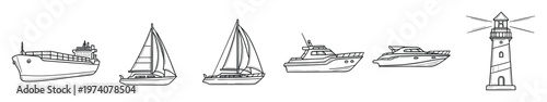 A comprehensive set of hand drawn marine vehicles and a lighthouse, featuring a cargo ship, sailboats, and motor yachts, perfect for educational materials and nautical graphic design