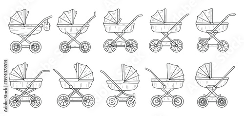 Handdrawn outline collection of various baby prams and strollers perfect for childrens product advertisements or parenting website graphic resources