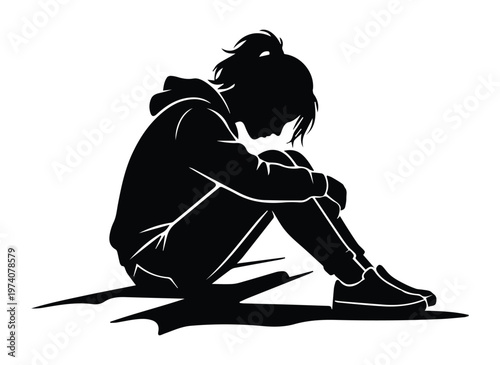 Depressed Teen Girl Sitting Silhouette Vector Sad Emotion Concept Icon Vector black design on a white background
