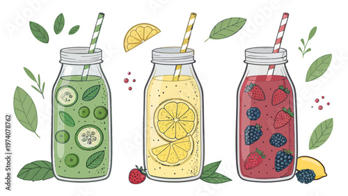 Colorful set of organic detox drinks with green smoothies lemon and berry juices in mason jars