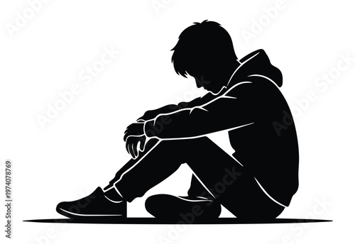 Depressed Teen Boy Sitting Silhouette Vector Alone Mood Concept Icon Vector black design on a white background