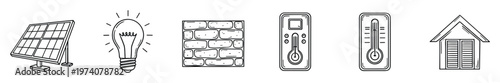 Hand drawn energy saving and sustainable living icons illustrating ecofriendly technology and home comfort for environmental presentations and informational graphics