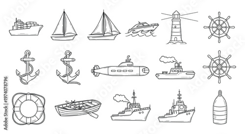 Comprehensive collection of hand drawn outline nautical vessels and maritime objects including ships, boats, anchors, lighthouses, and lifebuoys, suitable for marine themed projects,