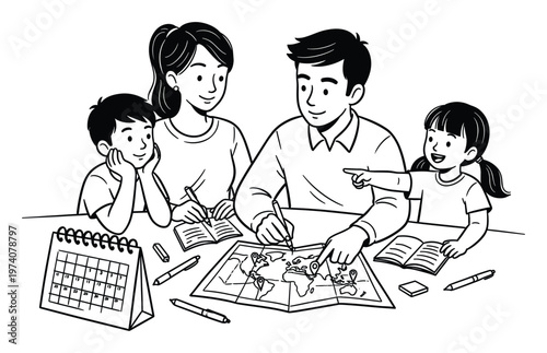 Asian family intently planning a future trip using a world map and calendar, creating engaging content for travel, education, and family lifestyle themes.