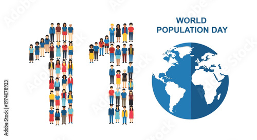 World Population Day illustration with people forming the number eleven and a globe icon.