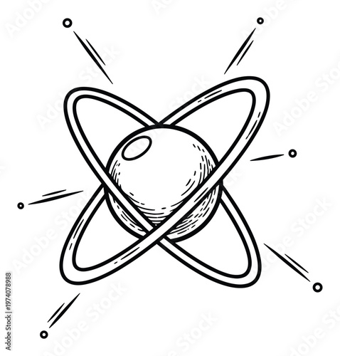 Abstract representation of a dynamic atom or celestial body with orbiting particles symbolizing energy and movement perfect for science education materials or technology branding
