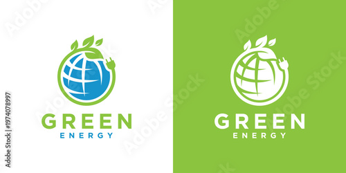 Green Energy Logo with Globe and Leaves for Sustainable Power.