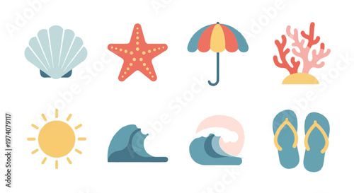 Minimalist Summer Beach Ornament Icon Set - Seashell, Starfish, Umbrella, Sun, and Ocean Waves.