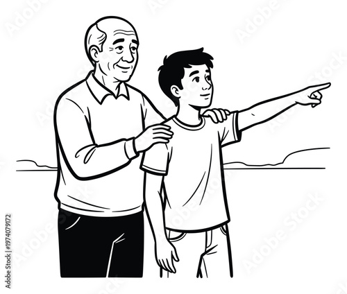 Elderly man and young boy pointing towards a shared horizon, representing intergenerational guidance and discovery, ideal for familyfocused or educational themes.