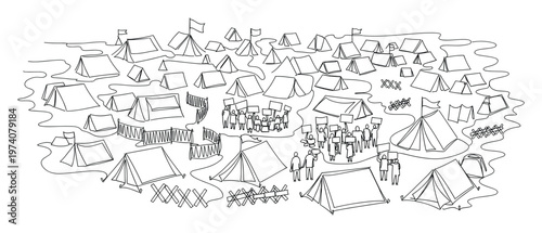 Large outdoor gathering with many tents and groups of people protesting with signs, suitable for concepts of social movements, refugee camps, or protest documentation.