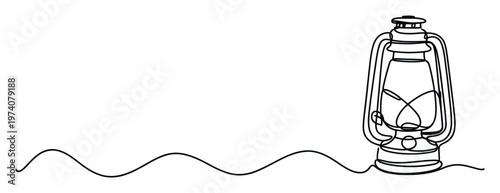 Continuous one line drawing of a vintage hurricane lamp on a wavy path, perfect for minimalist web banners, decorative print materials, or simple graphic presentations.