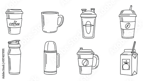 Collection of hand drawn outline beverage container icons representing daily drinks and drinkware suitable for cafe menus, packaging designs, or personal use