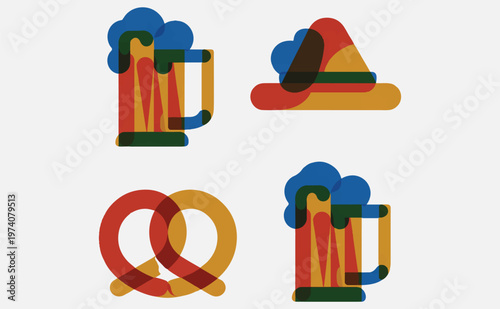  colorful beer mugs and pretzels isolated on transparent background