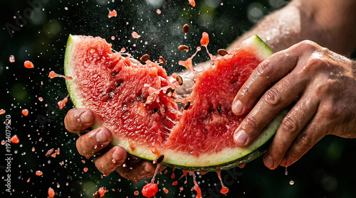 Hands tearing watermelon slice with splashing juice outdoors  
