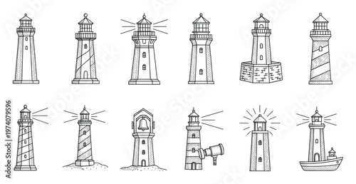 Hand drawn doodle style lighthouses collection depicting various marine navigation beacons for nautical themed graphics prints and educational projects