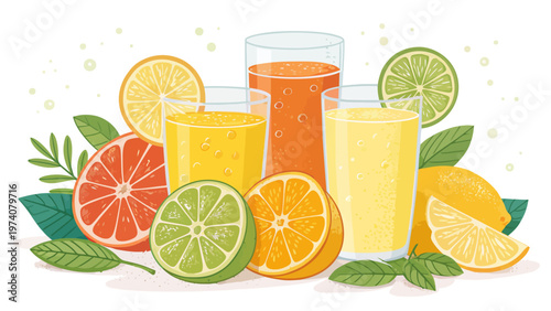 Refreshing citrus drinks set with lemons oranges and limes surrounded by slices and leaves on a white background perfect for summer beverages