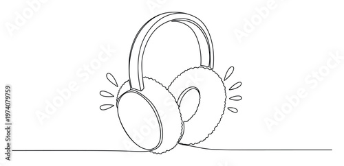 Single line drawing of cozy winter earmuffs with a soft texture and sound ripple details, suitable for seasonal fashion campaigns, childrens products, or cold weather comfort promotions.