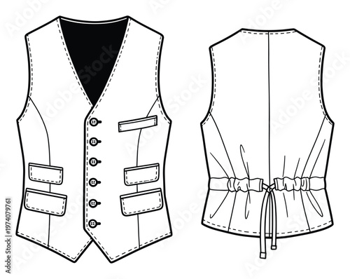 Fashion flat sketch of a classic mens waistcoat with front buttons, multiple pockets, and an adjustable tieback strap, perfect for garment construction and apparel development documentation.