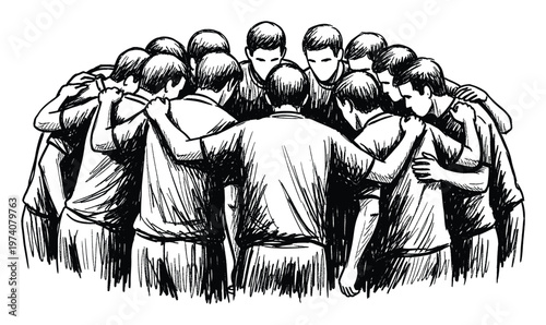 Hand drawn black and white illustration of men in a close huddle, symbolizing teamwork, unity, and shared purpose, perfect for sport, leadership, or community themed marketing and