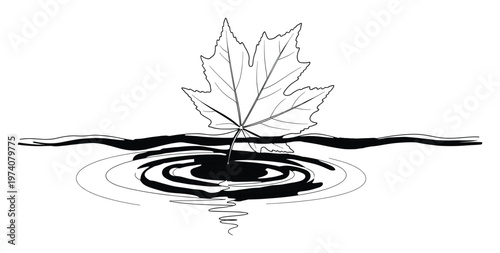 Line drawing of a single leaf floating on water with ripples spreading across the surface for naturethemed graphic projects and seasonal designs