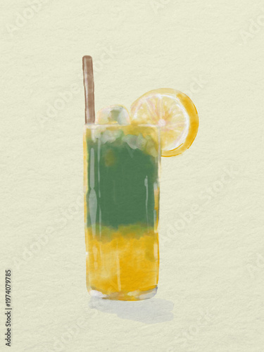 Watercolor Illustration of a Layered Iced Matcha Lemonade on Textured Paper