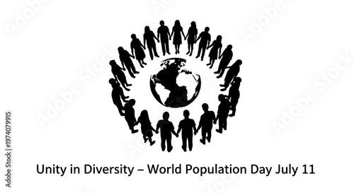 Silhouette of diverse people holding hands in a circle around the globe representing unity.