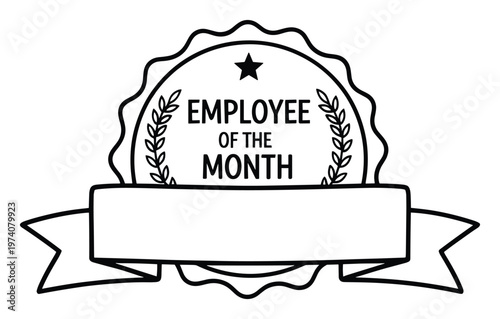 Elegant employee of the month award badge outline with a customizable ribbon for recipient names, perfect for corporate recognition programs, achievement certificates, and appreciation