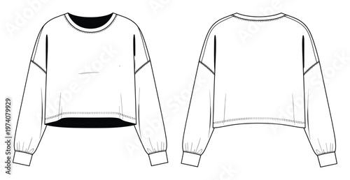 Cropped long sleeve crew neck sweatshirt technical fashion flat sketch showcasing dropped shoulders and cuffed wrists suitable for apparel design and garment development.