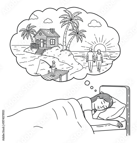 Sleeping woman dreams of a serene tropical beach vacation with a charming house, palm trees, a couple watching the sunset, and a person fishing, perfect for travel and relaxation