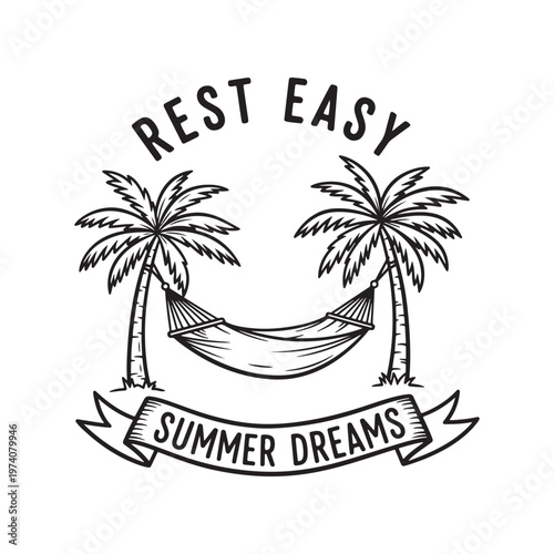 Vintage Summer Hammock Palm Tree Badge - Rest Easy Dreams Vector