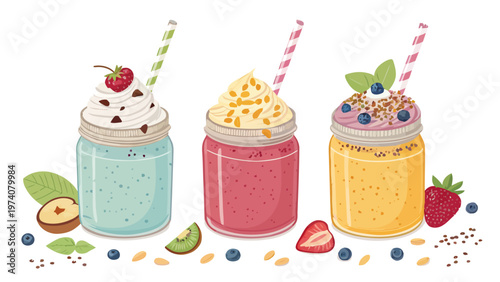 Colorful smoothie jars with straws and toppings like whipped cream and fruit on a clean white background