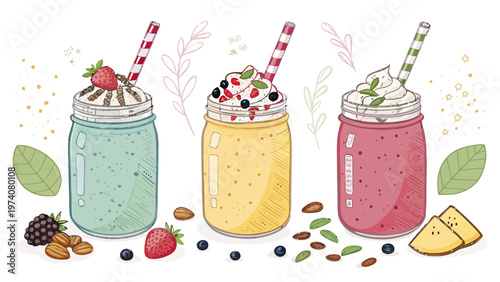 Colorful smoothie jars with straws and toppings like whipped cream fruits and nuts on a white background