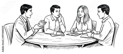 Four Asian business professionals having a productive meeting around a table, engaging in a discussion and taking notes, suitable for corporate communication and educational materials