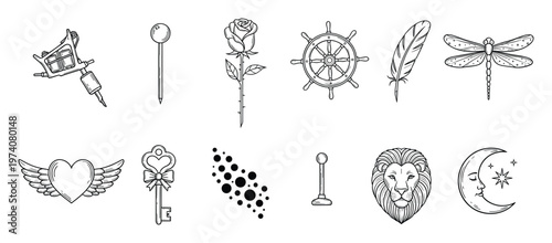 Diverse collection of engraved style linear icons featuring a tattoo machine, blooming rose, majestic lion, and celestial moon for apparel, branding, and decorative graphic resources.
