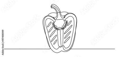 Elegant continuous contour line depiction of a ripe capsicum fruit cut lengthwise showcasing its core and seeds suitable for culinary or vegetable concepts