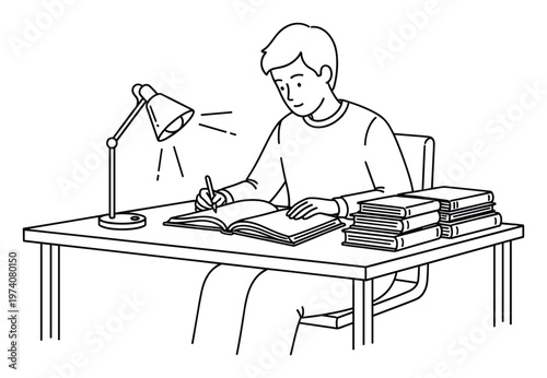 Focused young student boy diligently writing in an open textbook at a study desk, illuminated by a bright table lamp, surrounded by a stack of knowledge books, ideal for educational content