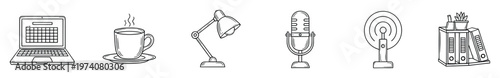 Collection of handdrawn business and study essential items such as laptop, hot coffee mug, desk lamp, vintage microphone, podcast symbol, and office binders, suitable for digital media and