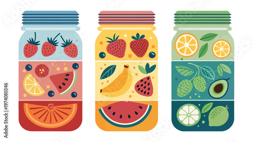 Colorful layered smoothie jars with abstract fruit illustrations on white background for healthy food and drink concepts