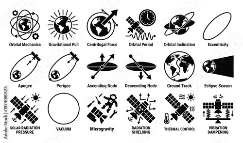 Vector icon set depicting crucial space exploration, satellite operation, and orbital physics concepts for educational resources and scientific documentation.