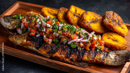 A typical Gabonese dish featuring freshly grilled whole fish. Illustration of Gabonese food background.