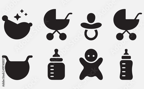  collection of baby icons including bathtub, stroller, pacifier, and bottle isolated on transparent background