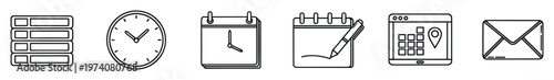 Collection of business and productivity icons including list, clock, calendar, planner, digital schedule, and envelope for organization applications and time management concepts