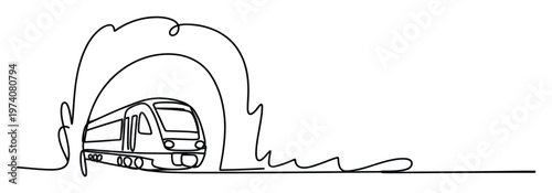 Continuous line drawing of a modern sleek train speeding out of a tunnel representing fast urban transit and future transportation concepts for various media applications